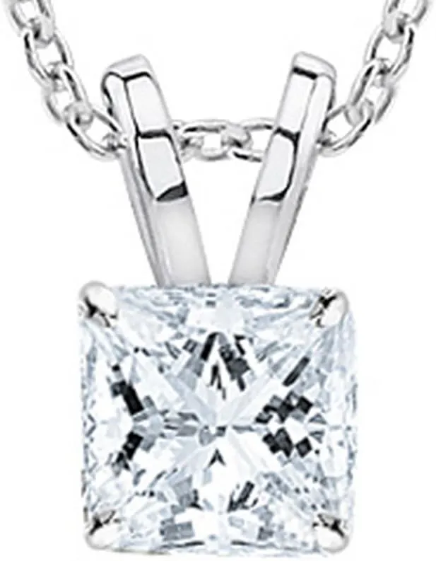 0.7 Carat 14K White Gold Princess Diamond Solitaire Pendant Necklace I Color VS1 Clarity