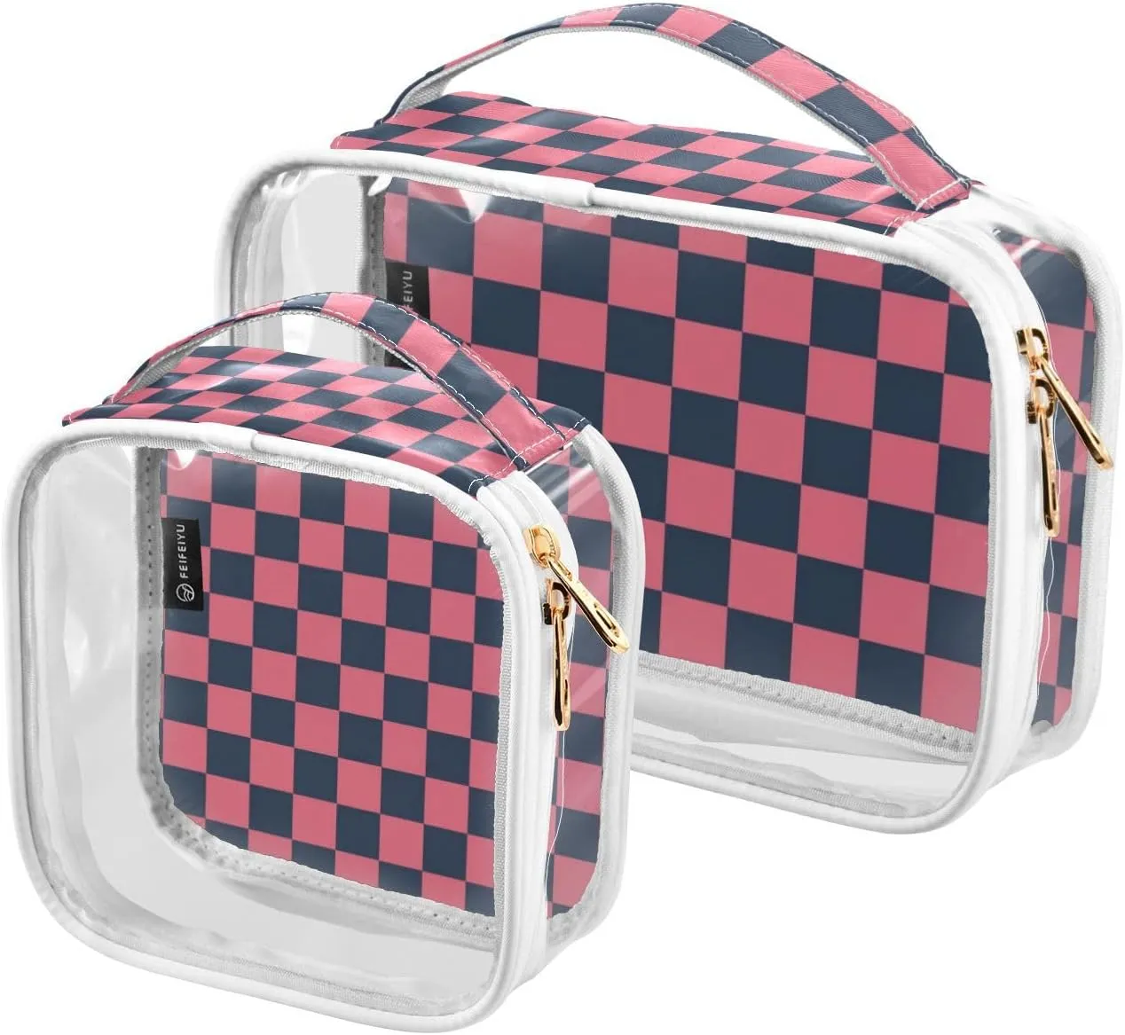 2 Pack Black and Pink Checkerboard clear decorative toiletry bag hanging TSA approved portable cosmetic travel bag Airport Airline Compliant de maquillaje
