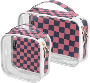 2 Pack Black and Pink Checkerboard clear decorative toiletry bag hanging TSA approved portable cosmetic travel bag Airport Airline Compliant de maquillaje