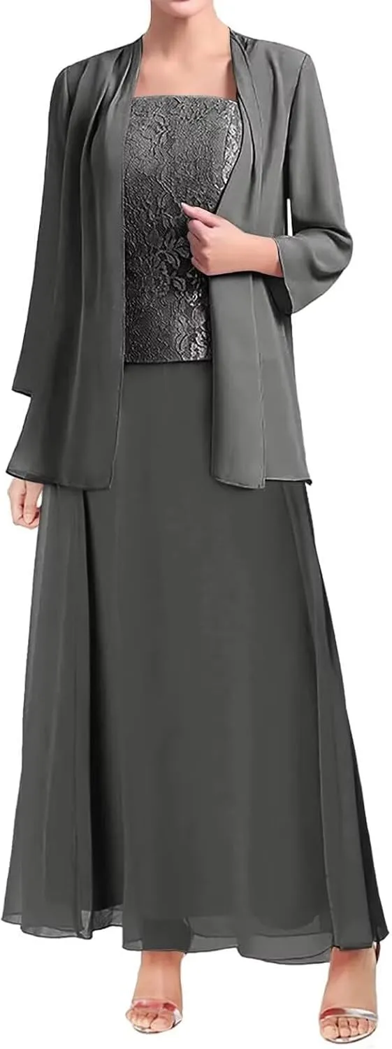 2 Piece Mother of Bride Dresses with Jacket Long Sleeve Mother of The Groom Dress for Wedding Guest Gowns