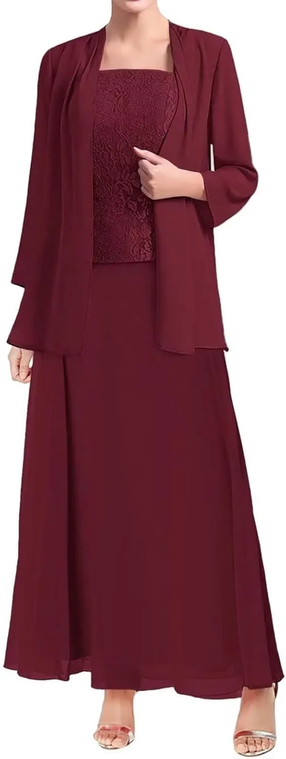 2 Piece Mother of Bride Dresses with Jacket Long Sleeve Mother of The Groom Dress for Wedding Guest Gowns