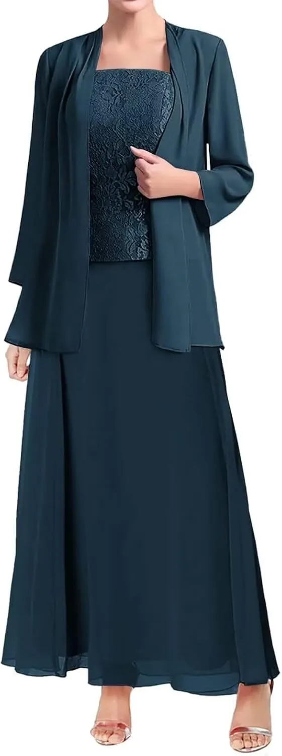 2 Piece Mother of Bride Dresses with Jacket Long Sleeve Mother of The Groom Dress for Wedding Guest Gowns