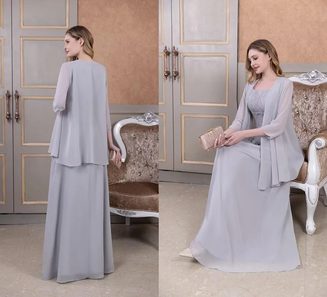 2-Pieces Mother of The Bride Dress with Jacket Long Mother of The Groom Dresses Laces Chiffon Formal Evening Gowns