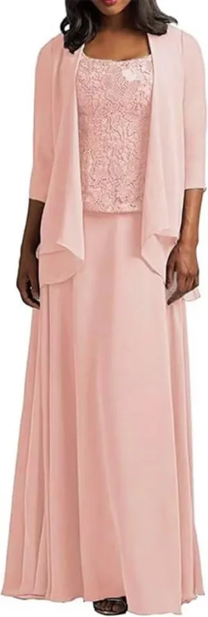 2-Pieces Mother of The Bride Dress with Jacket Long Mother of The Groom Dresses Laces Chiffon Formal Evening Gowns