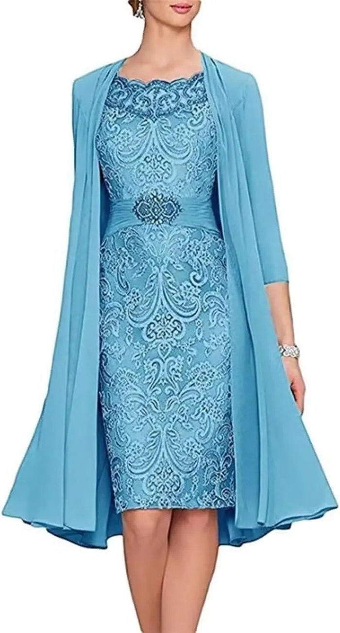2 Pieces Tea Length Mother of The Bride Dresses for Wedding Beaded Lace Formal Evening Gowns with Jacket PG013