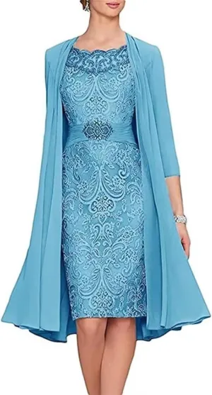 2 Pieces Tea Length Mother of The Bride Dresses for Wedding Beaded Lace Formal Evening Gowns with Jacket PG013