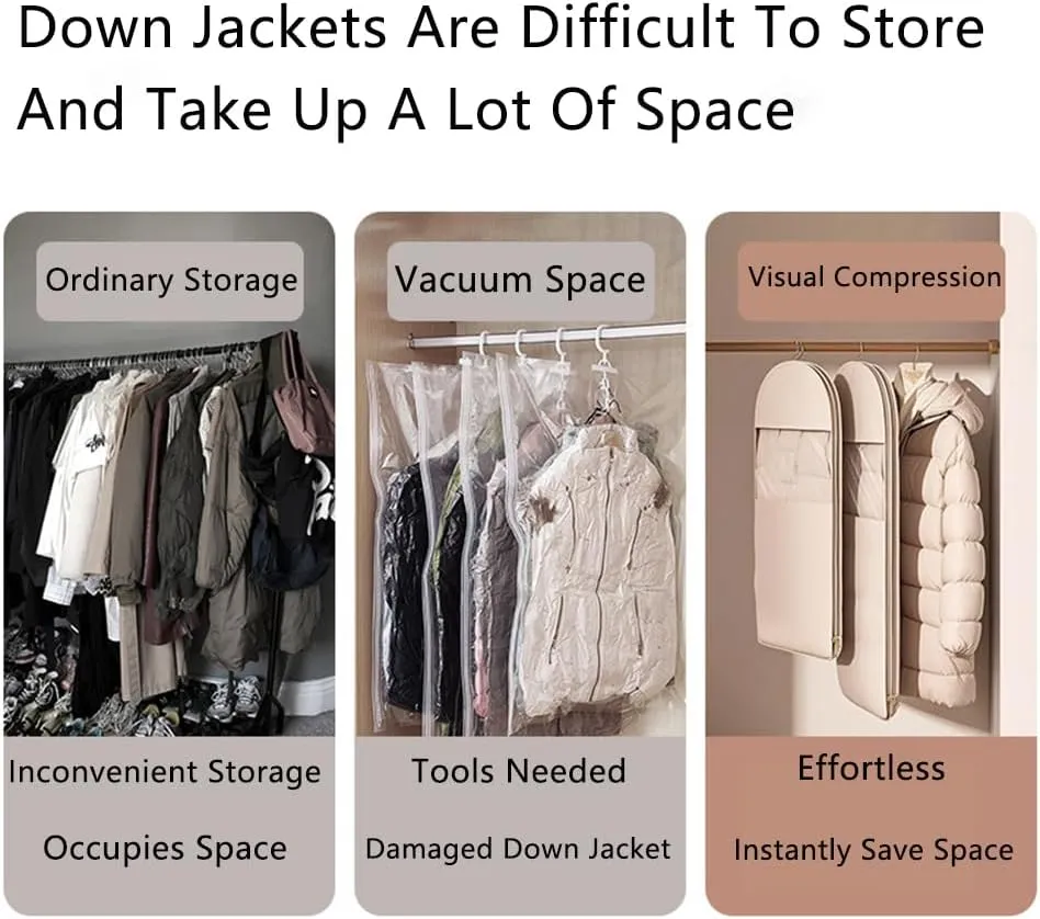 2025 Space Saving Hanging Garment Bag with Self Compression Zipper, Dust Cover Clothes Bags for Down Coat, 2025 New Space Saver Closet Organizers - Use with Hangers, for Closet Storage (Beige-M)