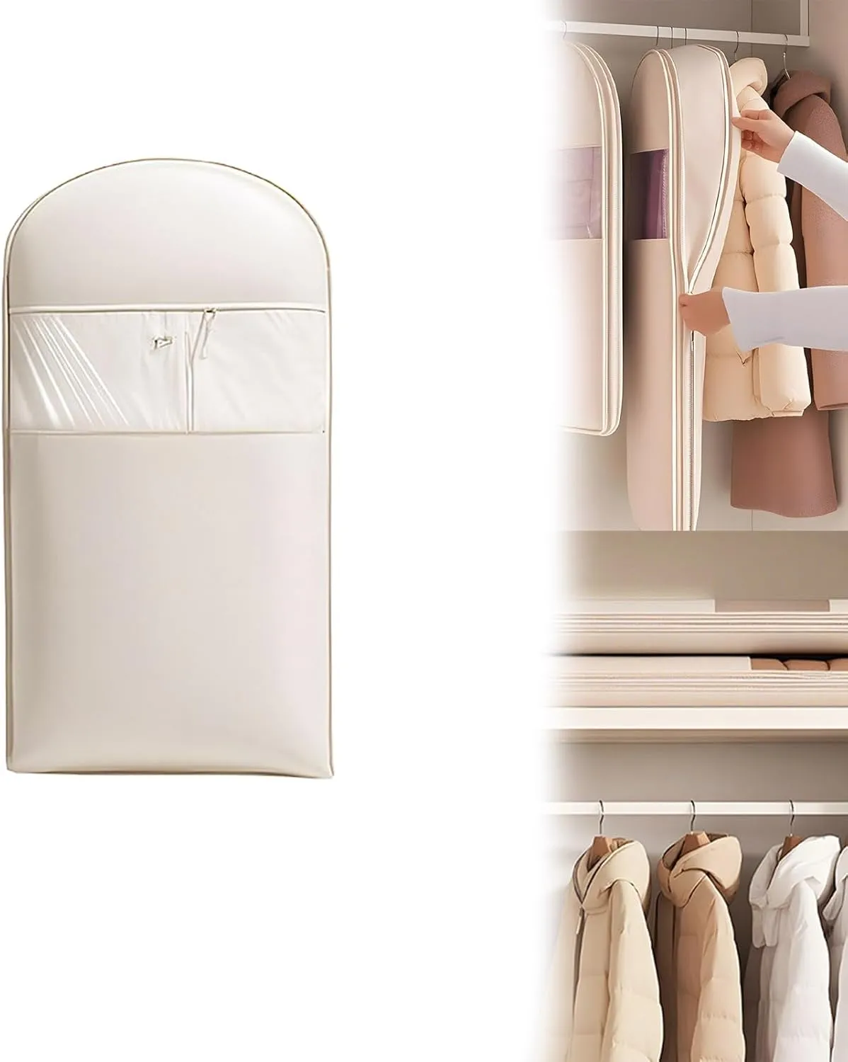 2025 Space Saving Hanging Garment Bag with Self Compression Zipper, Dust Cover Clothes Bags for Down Coat, 2025 New Space Saver Closet Organizers - Use with Hangers, for Closet Storage (Beige-M)