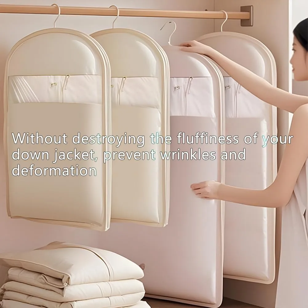 2025 Space Saving Hanging Garment Bag with Self Compression Zipper, Dust Cover Clothes Bags for Down Coat, 2025 New Space Saver Closet Organizers - Use with Hangers, for Closet Storage (Beige-M)