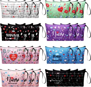 24 Pack Nurse Cosmetic Bags Bulk Nursing Survival Kit Canvas Zipper Pouch Bags Novelty Thank You Gift for Nurse Week Healthcare Workers 2025 Nursing Graduation