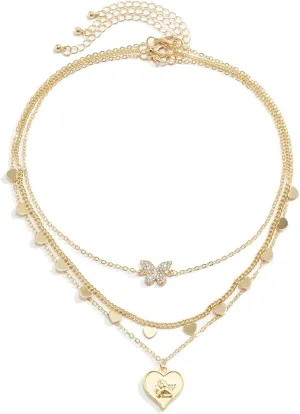 3 Layer Layered Necklaces Teen Girls , Heart and Butterfly Pendant Chunky Layered Gold Necklaces for Women Trendy