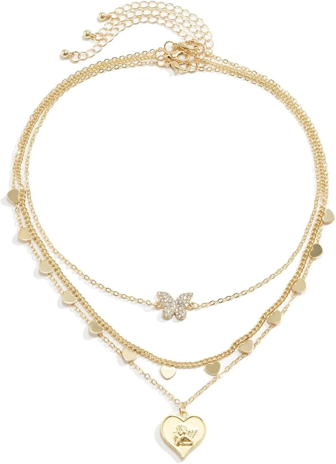 3 Layer Layered Necklaces Teen Girls , Heart and Butterfly Pendant Chunky Layered Gold Necklaces for Women Trendy