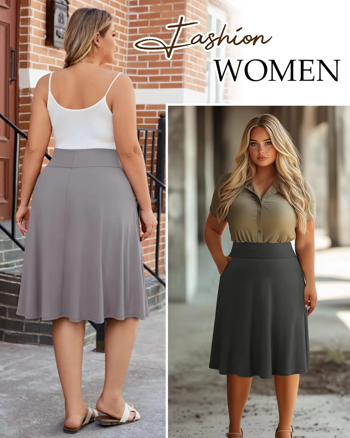 3 Pack Women's Plus Size Knee Length Midi Skirts, Casual Flared High Waisted A Line Summer Work Skirts with Pockets