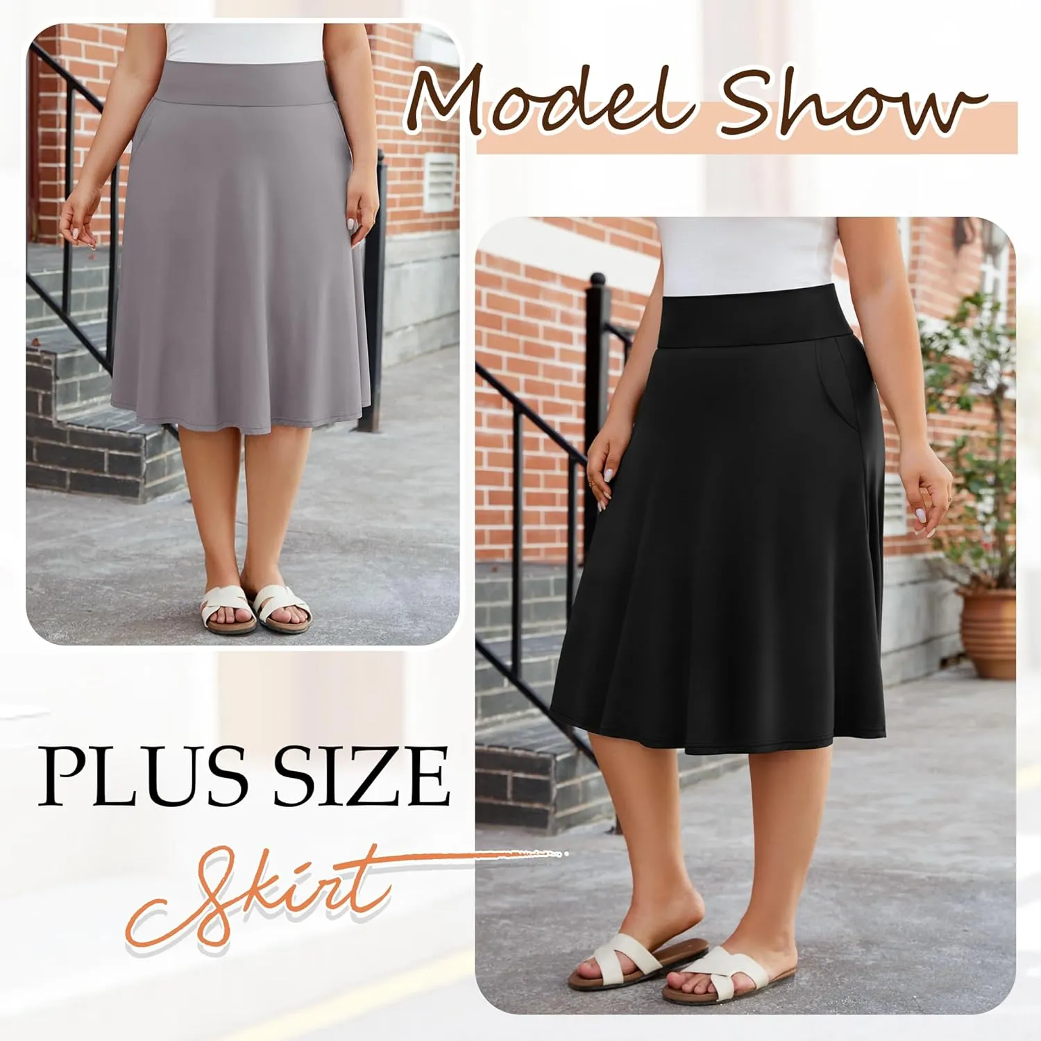 3 Pack Women's Plus Size Knee Length Midi Skirts, Casual Flared High Waisted A Line Summer Work Skirts with Pockets