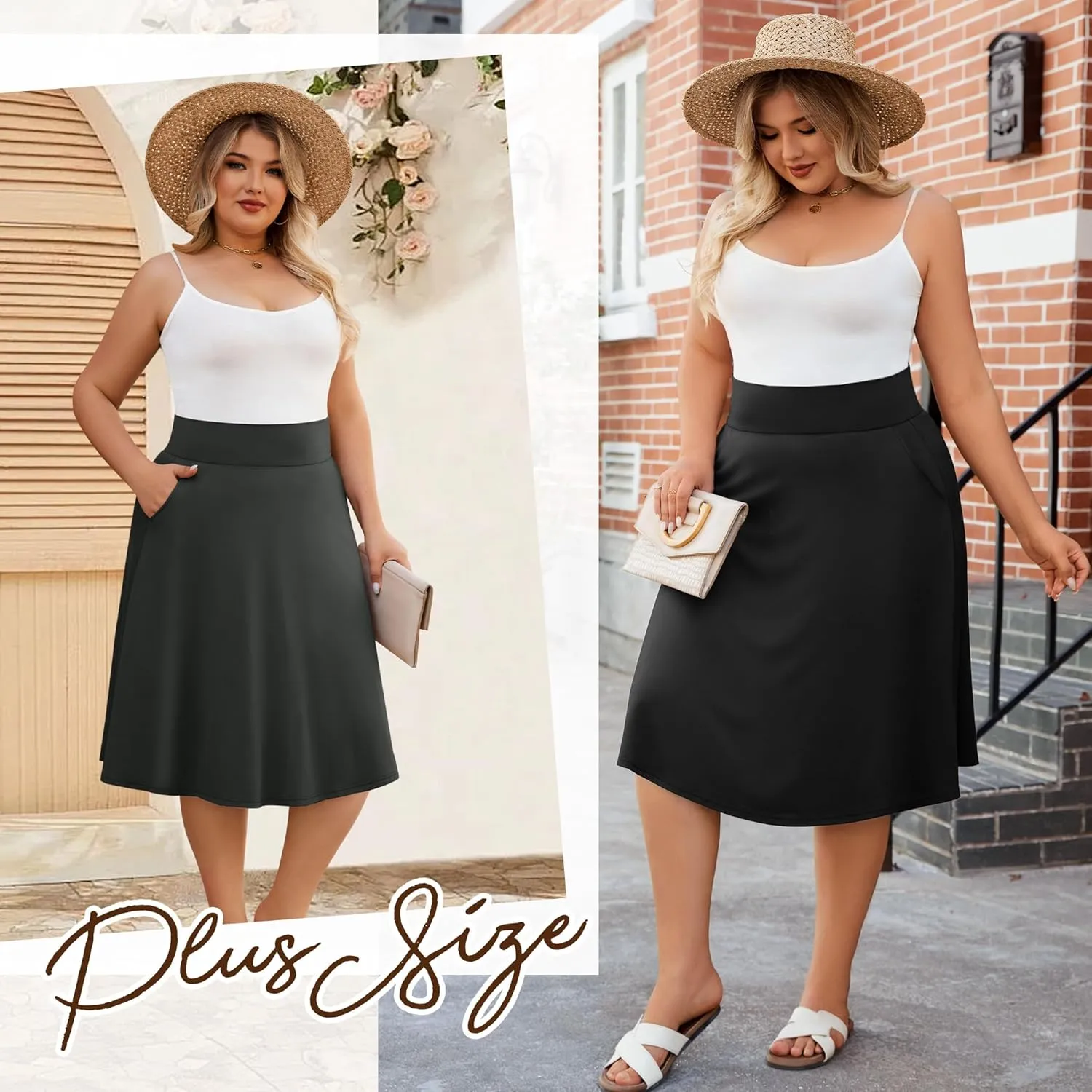 3 Pack Women's Plus Size Knee Length Midi Skirts, Casual Flared High Waisted A Line Summer Work Skirts with Pockets