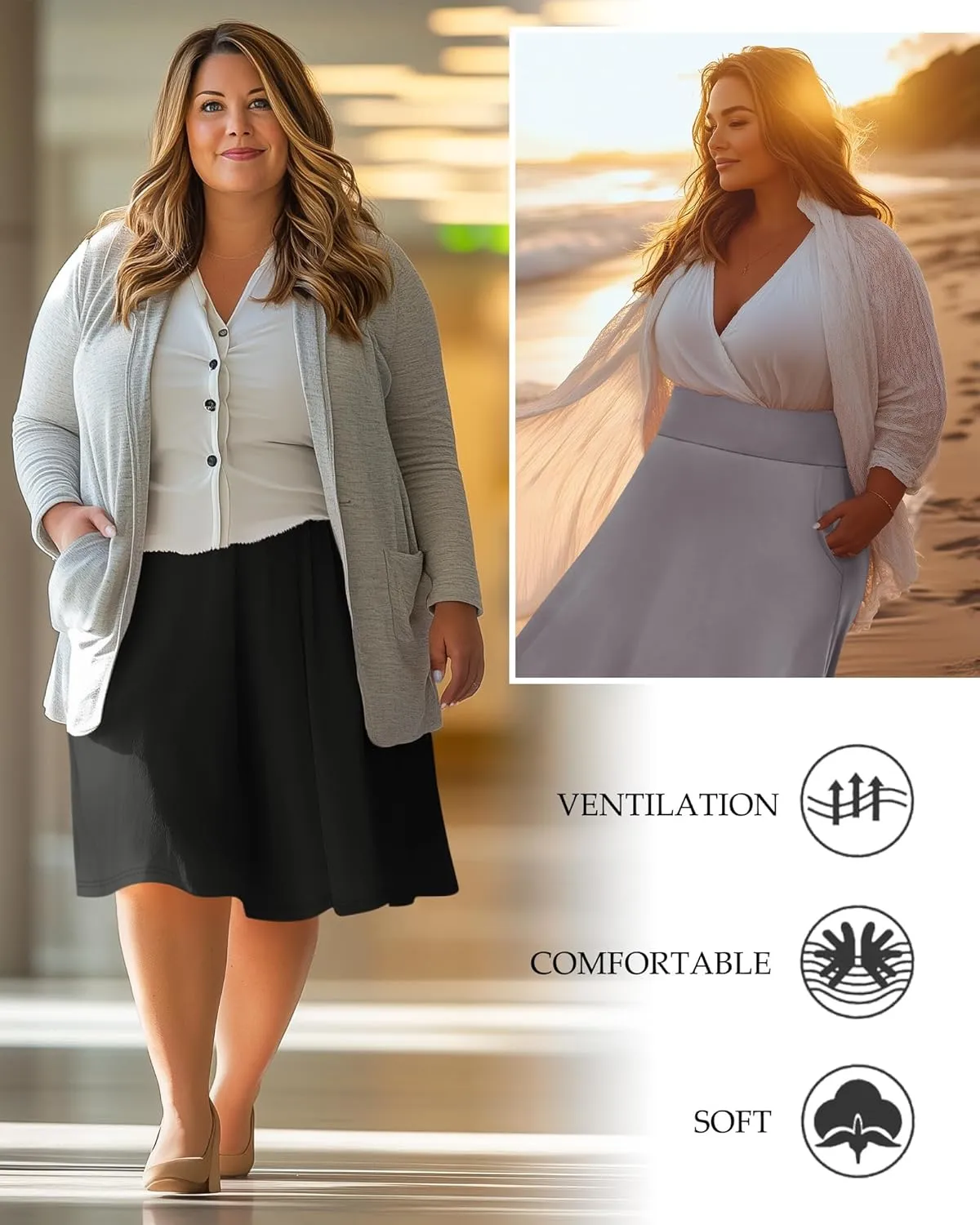 3 Pack Women's Plus Size Knee Length Midi Skirts, Casual Flared High Waisted A Line Summer Work Skirts with Pockets