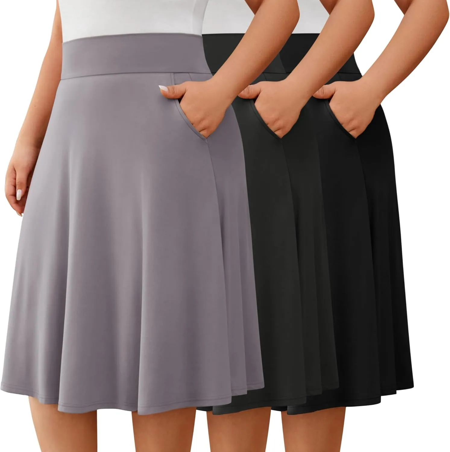 3 Pack Women's Plus Size Knee Length Midi Skirts, Casual Flared High Waisted A Line Summer Work Skirts with Pockets