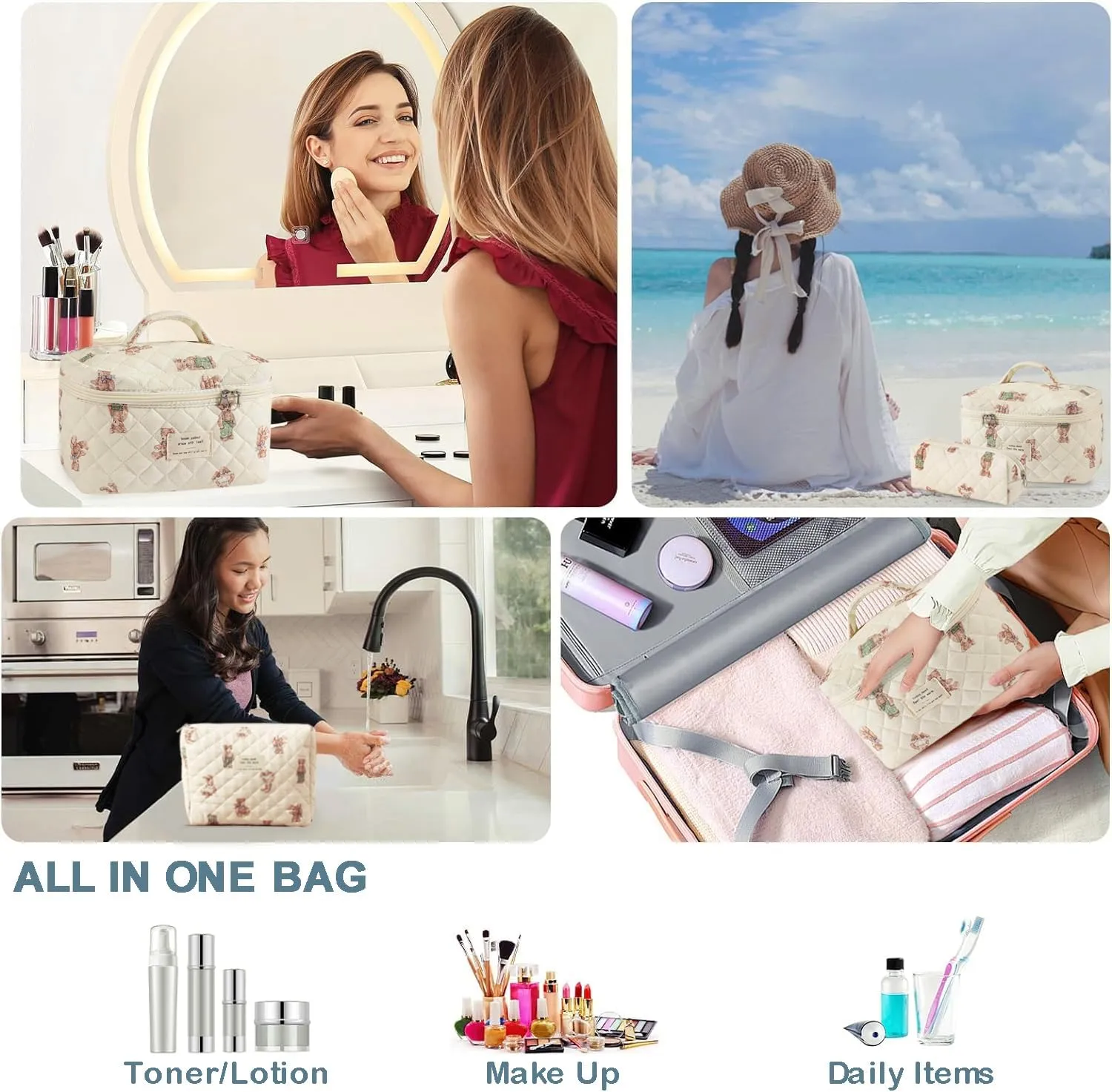 3 Pcs Cotton Quilted Makeup Bag Set, Floral Cotton Cosmetic Bag, Aesthetic Toiletry Travel Organizer Bag for Women Girls (Bear)