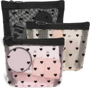 3Pcs Mini Cosmetic Bags, Heart Print Mini Zipper Mesh Bags, Lipstick Cosmetic Accessories Organizer, Mini Mesh Makeup Bag, Small Makeup Bag for Purse, Mini Zipper Mesh Cosmetic Bag for Women, 3 Colors