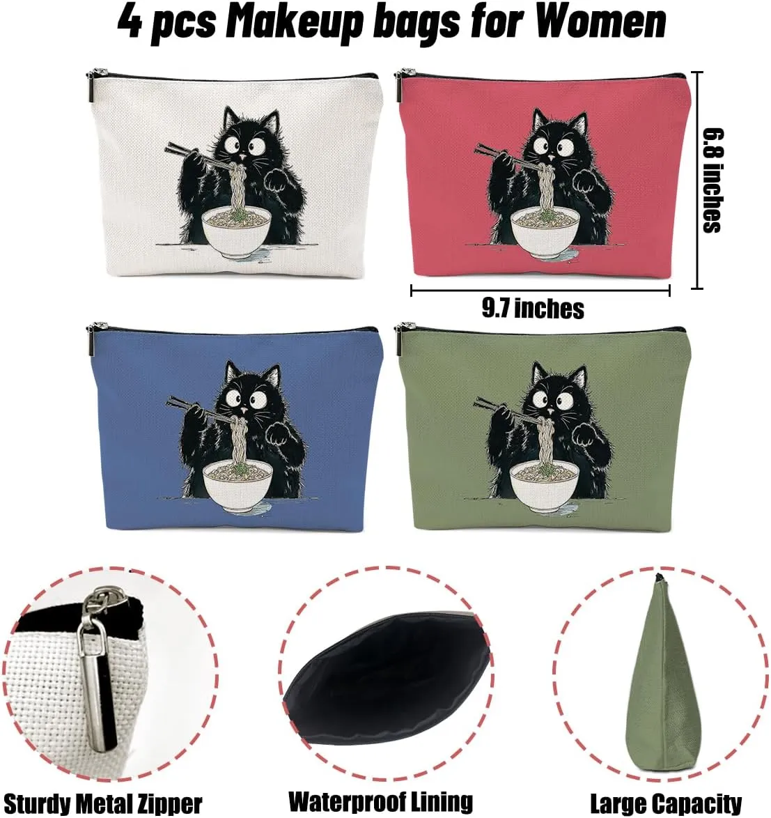 4 Pack Funny Noodles Ramen Gifts for Cat Lovers Cat Gifts for Women Girls Friends Mum Teacher Makeup Bag,Travel Essentials Cosmetic Bags for Women, Travel Toiletry Bag Mothers Day Birthday Anniversary