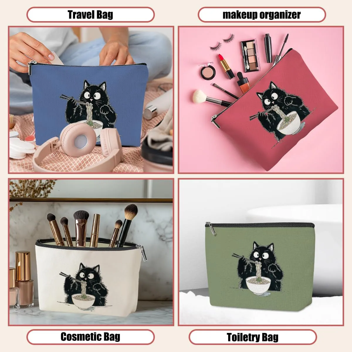4 Pack Funny Noodles Ramen Gifts for Cat Lovers Cat Gifts for Women Girls Friends Mum Teacher Makeup Bag,Travel Essentials Cosmetic Bags for Women, Travel Toiletry Bag Mothers Day Birthday Anniversary
