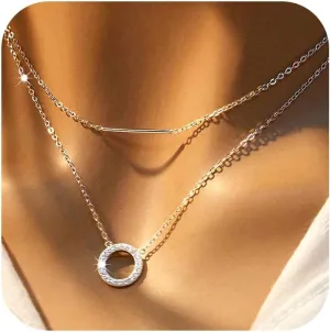 925 Sterling Silver Double Layered Choker Necklaces for Women, Stylish Gold Plated Circle Bar Pendant Necklaces Adjustable Layering Long Chain Necklaces Woman Dainty CZ Jewelry for Birthday Graduation Gifts