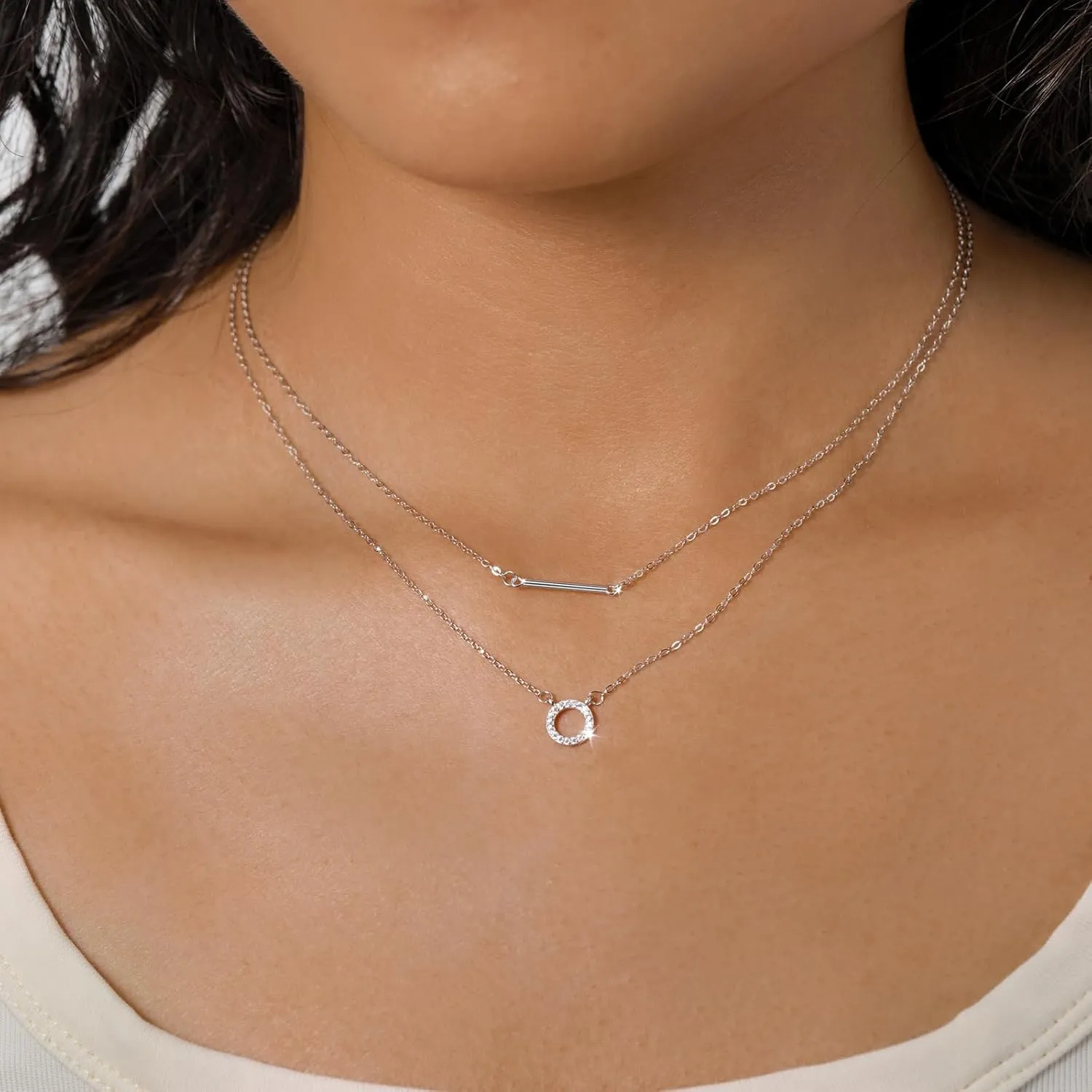 925 Sterling Silver Double Layered Choker Necklaces for Women, Stylish Gold Plated Circle Bar Pendant Necklaces Adjustable Layering Long Chain Necklaces Woman Dainty CZ Jewelry for Birthday Graduation Gifts