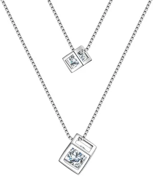 925 Sterling Silver Square Cube Zircon Choker Statement Necklace for Women Double Layer Pendants Necklaces