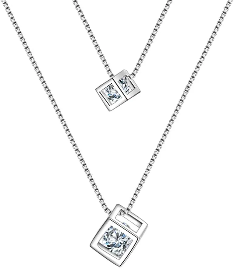 925 Sterling Silver Square Cube Zircon Choker Statement Necklace for Women Double Layer Pendants Necklaces