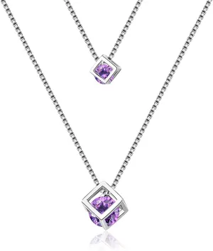 925 Sterling Silver Square Cube Zirconia Choker Statement Necklace For Women Double Layer Pendants & Necklaces
