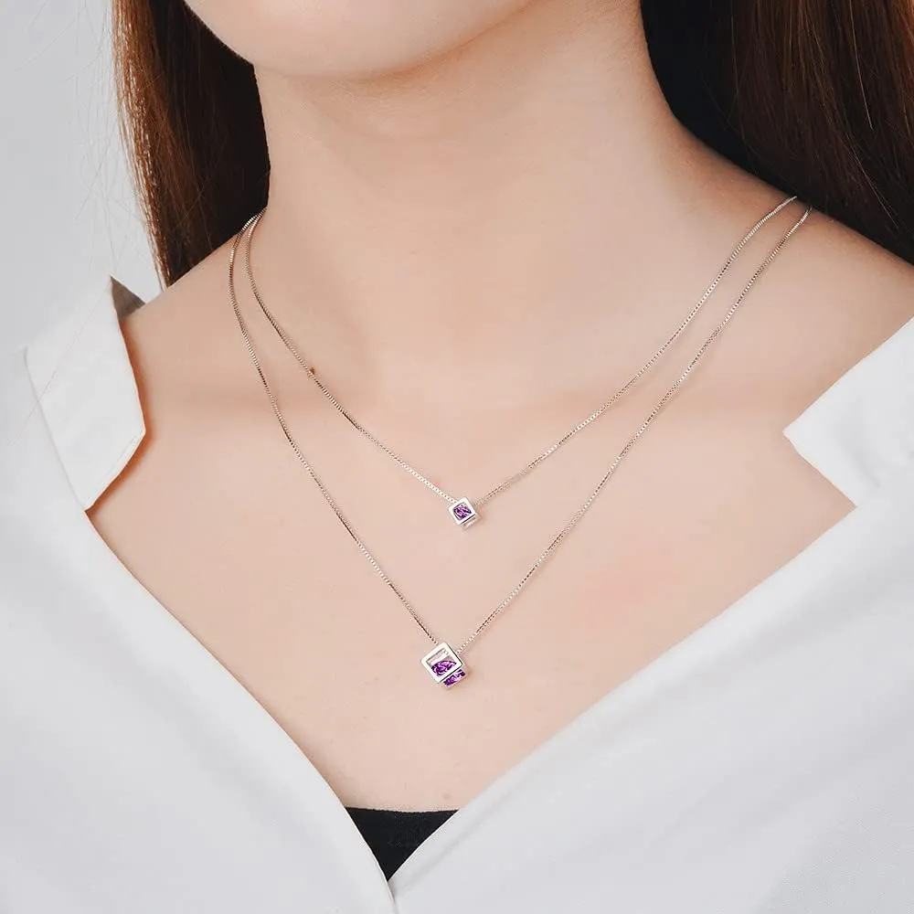 925 Sterling Silver Square Cube Zirconia Choker Statement Necklace For Women Double Layer Pendants & Necklaces