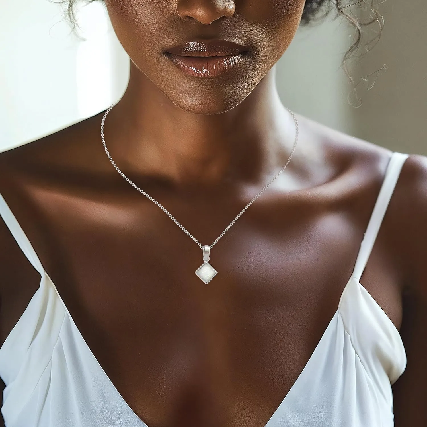 925 Sterling Silver White Opal Necklaces for Women - Square Pendant Necklaces for Women Silver - Minimalist Jewelry - Prom Jewelry - Opal Jewelry for Women - Silver Jewelry for Women