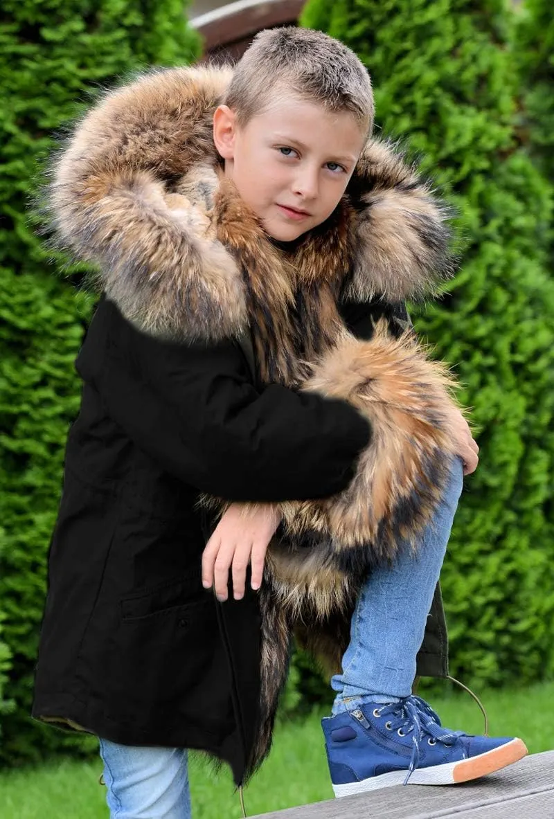 Aofur Kids Boys Fashion Hooded Fur Coat Fleece Lining Jacket Outdoor Trench Parka Warm Thick Winter Anorak Outwear
