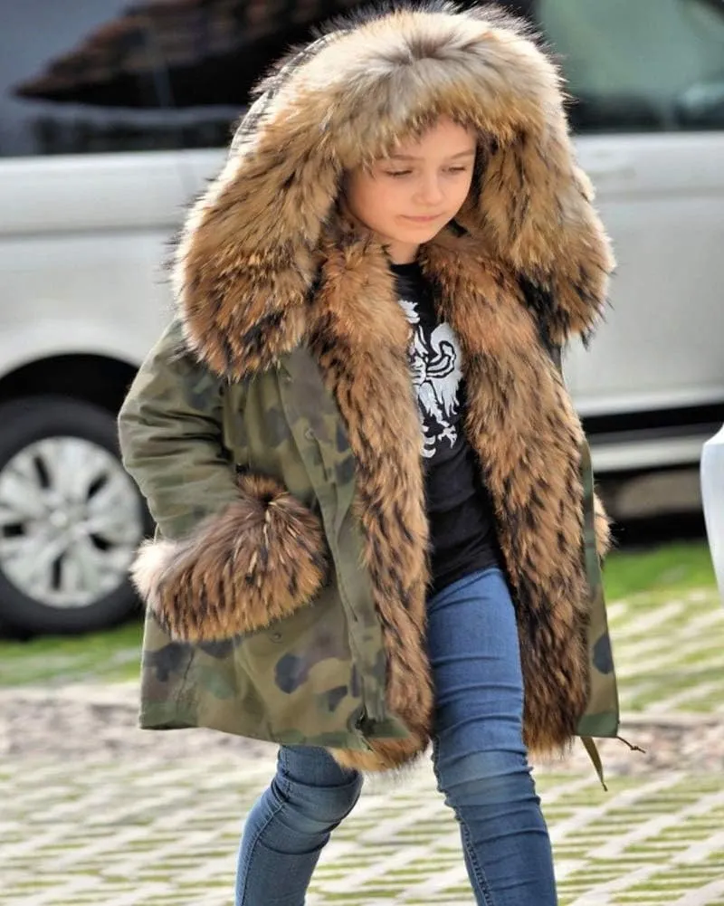 Aofur Kids Boys Fashion Hooded Fur Coat Fleece Lining Jacket Outdoor Trench Parka Warm Thick Winter Anorak Outwear