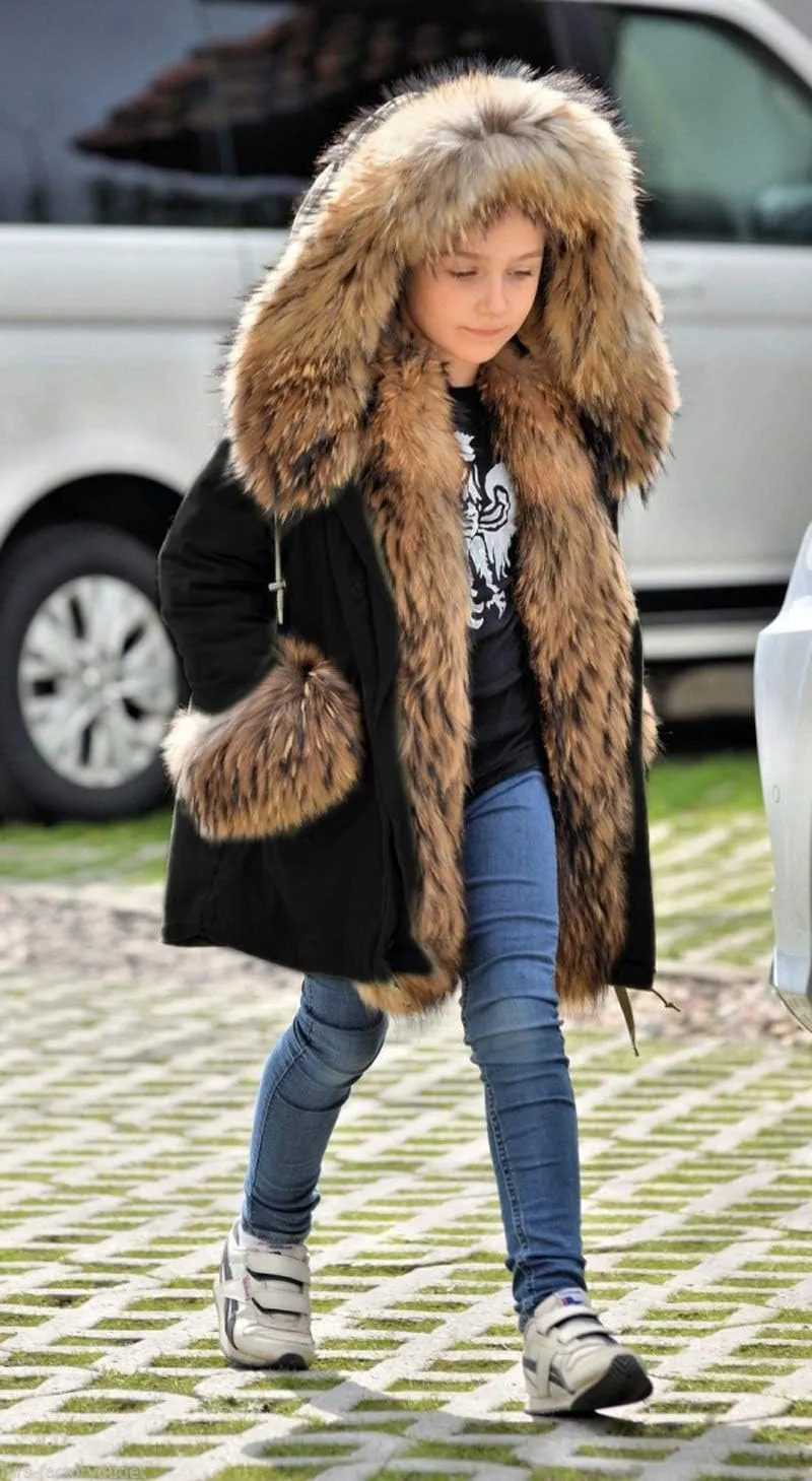 Aofur Kids Boys Fashion Hooded Fur Coat Fleece Lining Jacket Outdoor Trench Parka Warm Thick Winter Anorak Outwear
