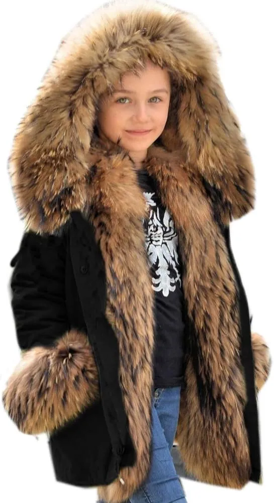 Aofur Kids Boys Fashion Hooded Fur Coat Fleece Lining Jacket Outdoor Trench Parka Warm Thick Winter Anorak Outwear