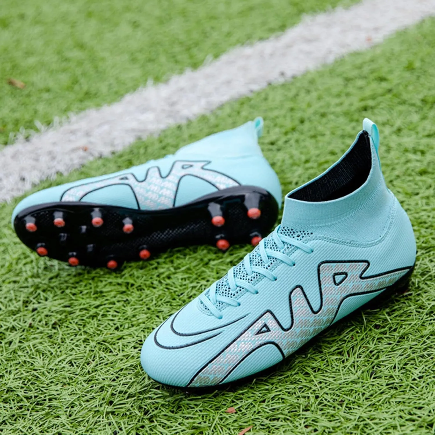 Athletic Soccer Cleats Lace Up Youth, Football Cleats Breathable Shock Resistant, Indoor Outdoor High Top Training Sneakers