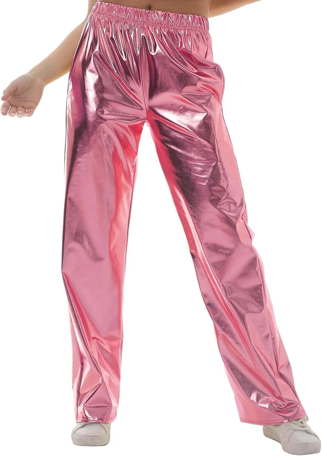 Awoscut Women's Metallic Shiny Trouser Pants Solid High Waist Disco Straight Leg Y2k Trousers for Party Dance Streetwear