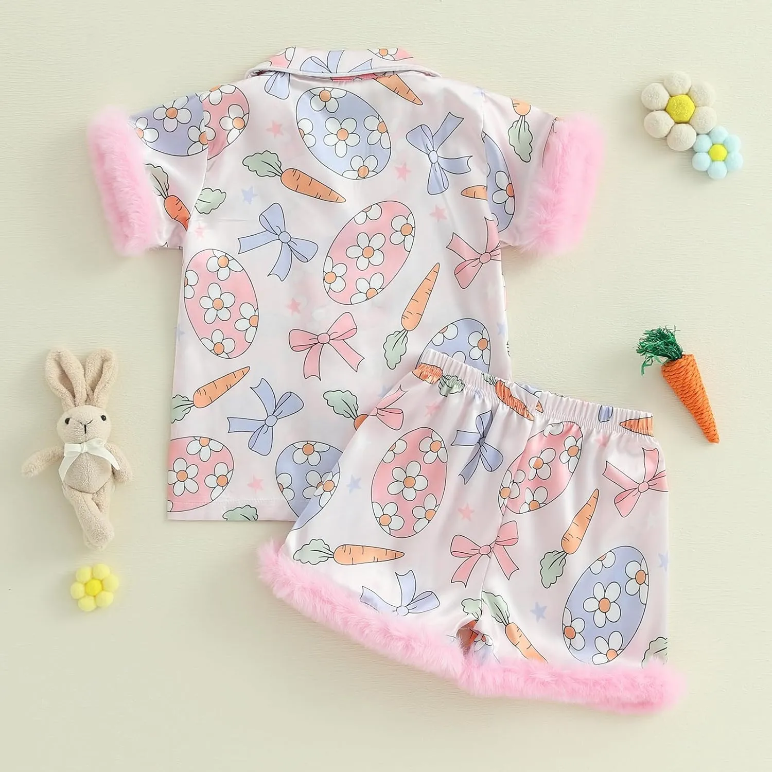 Baby Girl Easter Pajamas Toddler Kids Bunny Pjs Feather Trim Satin Sleepwear Nightgown Button Down Shorts Set