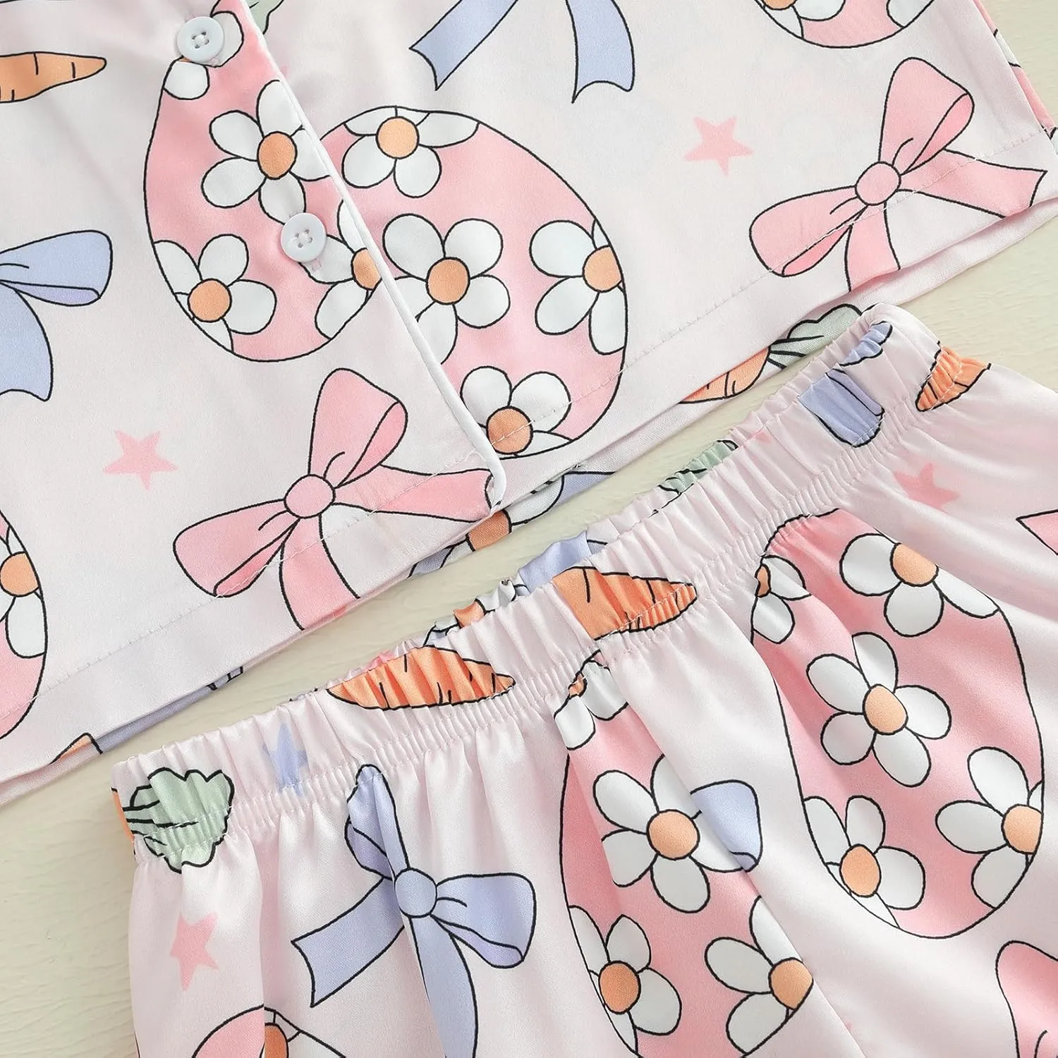 Baby Girl Easter Pajamas Toddler Kids Bunny Pjs Feather Trim Satin Sleepwear Nightgown Button Down Shorts Set