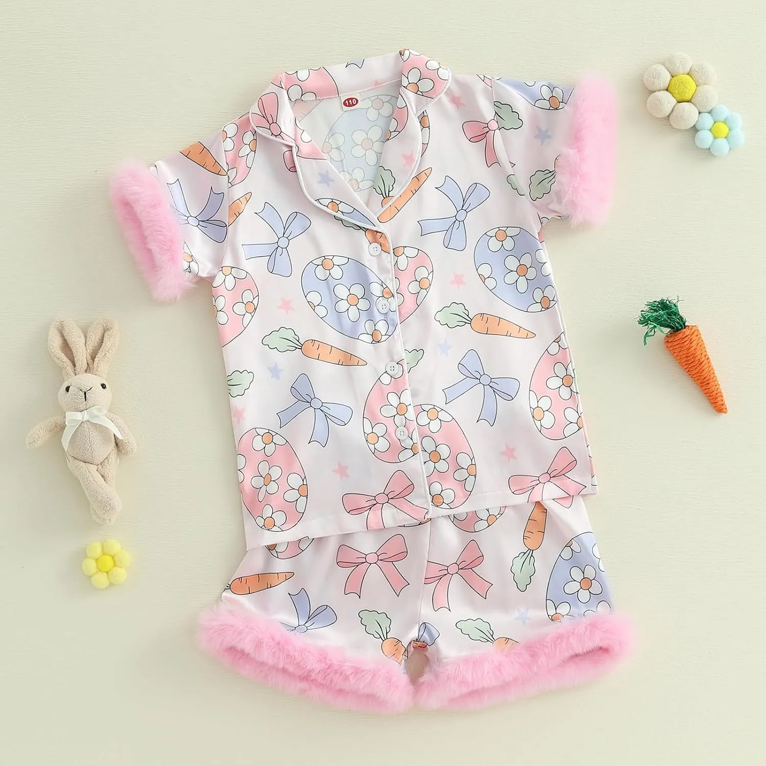 Baby Girl Easter Pajamas Toddler Kids Bunny Pjs Feather Trim Satin Sleepwear Nightgown Button Down Shorts Set