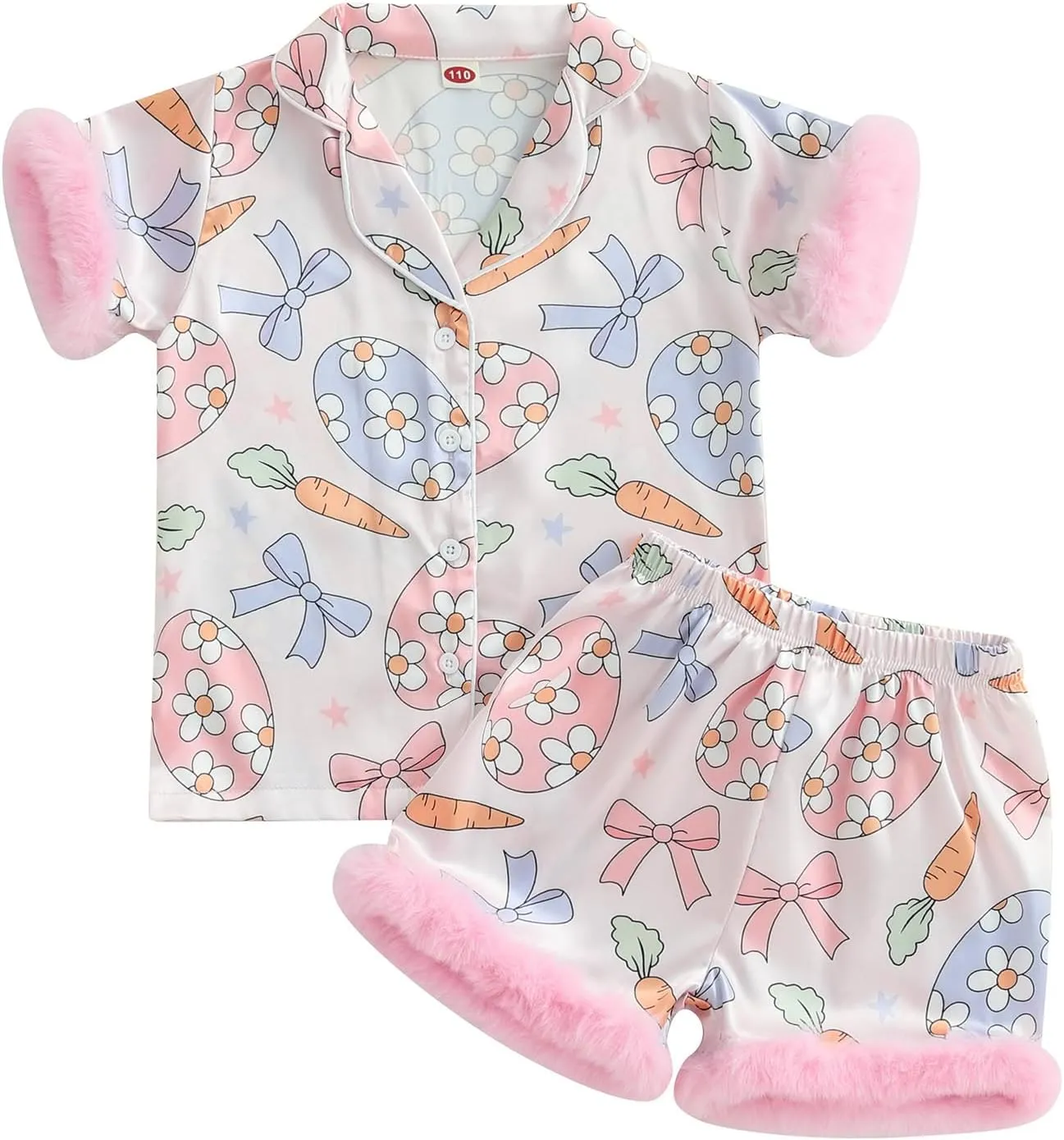 Baby Girl Easter Pajamas Toddler Kids Bunny Pjs Feather Trim Satin Sleepwear Nightgown Button Down Shorts Set