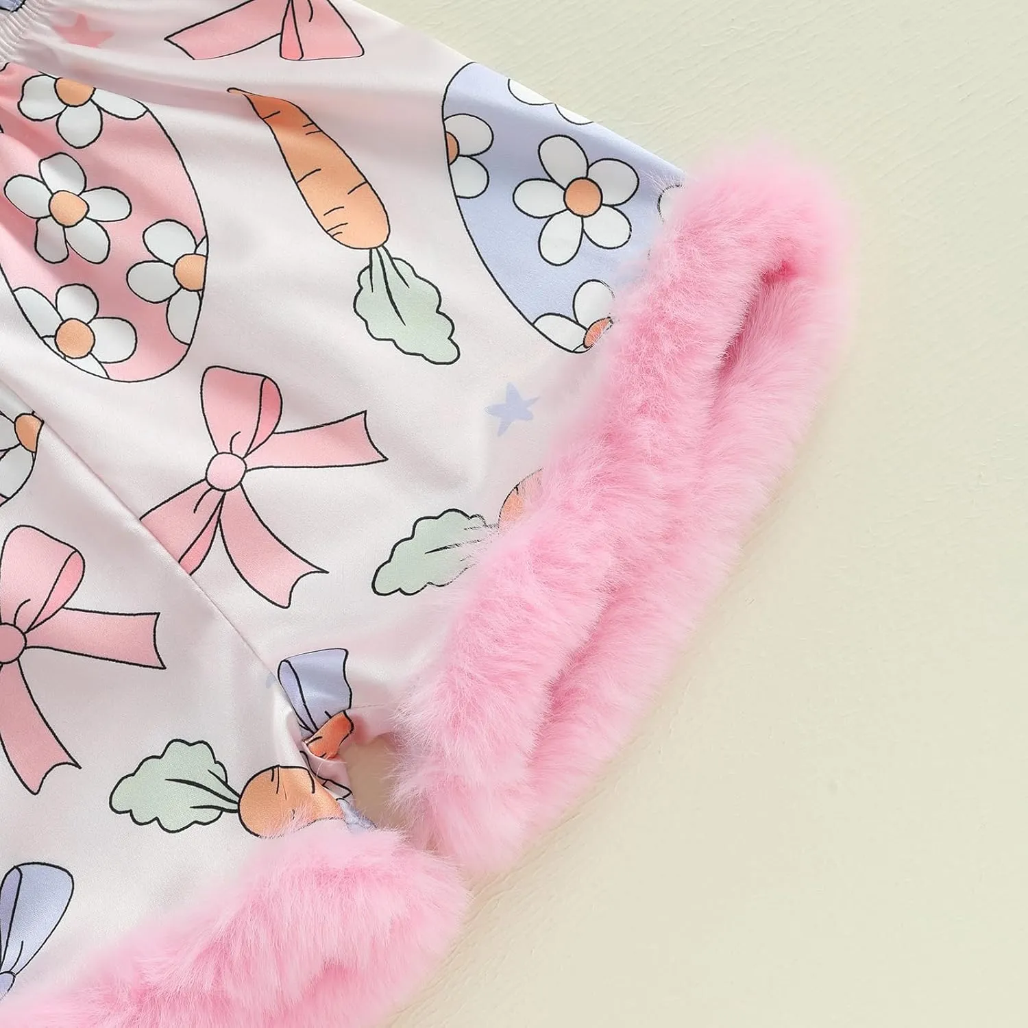 Baby Girl Easter Pajamas Toddler Kids Bunny Pjs Feather Trim Satin Sleepwear Nightgown Button Down Shorts Set