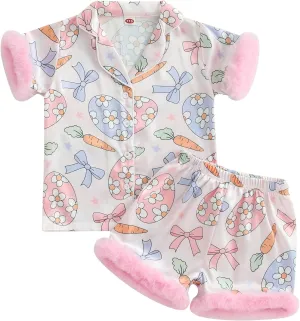 Baby Girl Easter Pajamas Toddler Kids Bunny Pjs Feather Trim Satin Sleepwear Nightgown Button Down Shorts Set