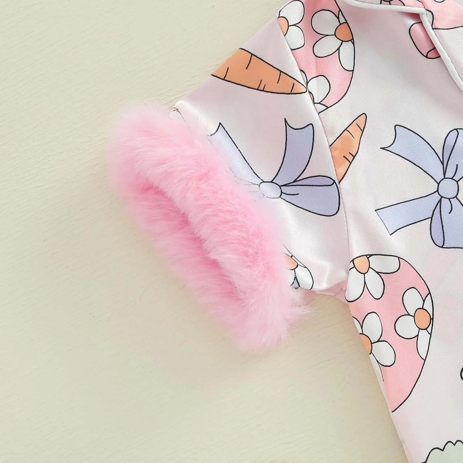 Baby Girl Easter Pajamas Toddler Kids Bunny Pjs Feather Trim Satin Sleepwear Nightgown Button Down Shorts Set