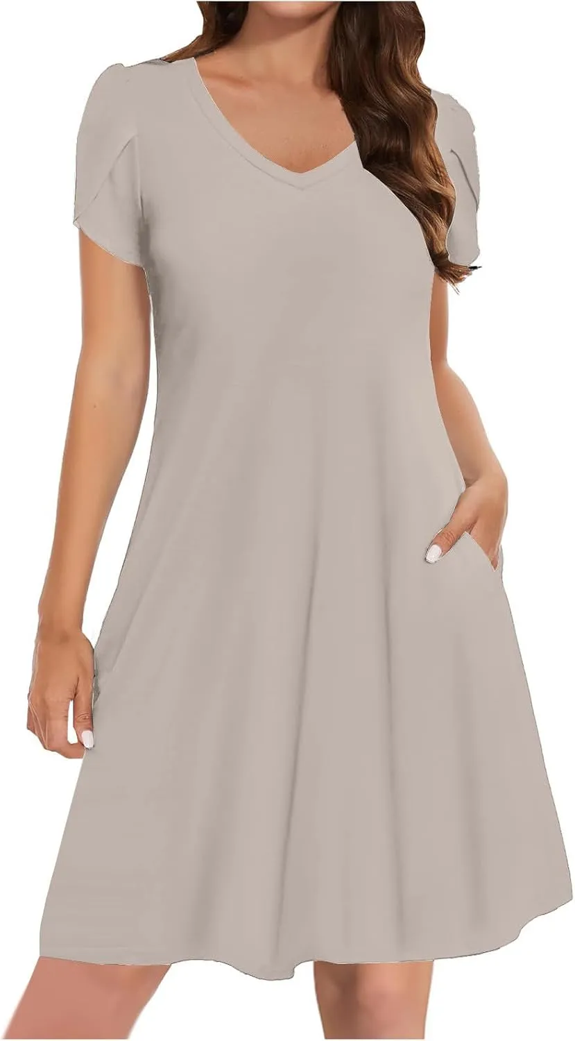 Beach Dresses for Women 2025 Summer Solid Basic Mini Dress Casual V Neck Short Sleeve Dresses with Pockets