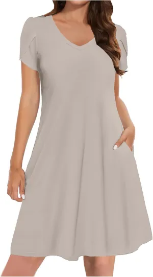Beach Dresses for Women 2025 Summer Solid Basic Mini Dress Casual V Neck Short Sleeve Dresses with Pockets