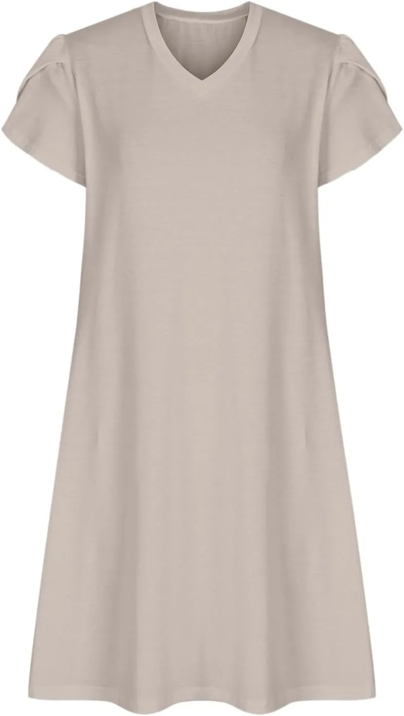 Beach Dresses for Women 2025 Summer Solid Basic Mini Dress Casual V Neck Short Sleeve Dresses with Pockets