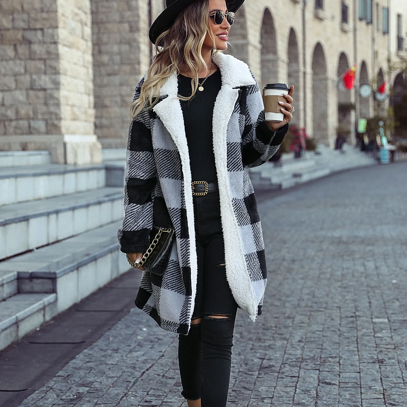 BerriesJam - Buttonless Plaid Reversible Velvet Casual Coat