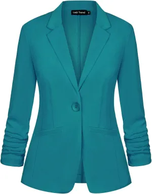 Blazers for Women Dressy Casual Ruched 3/4 Sleeve Lapel Button Work Office Cardigan Suit Jacket with Pockets